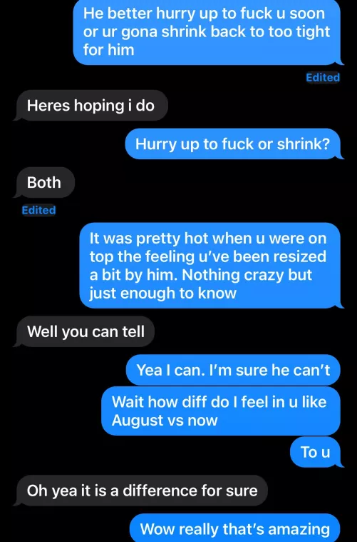 Discussing resizing of my wife after being with her boyfriend for a few weeks 41m/40f union