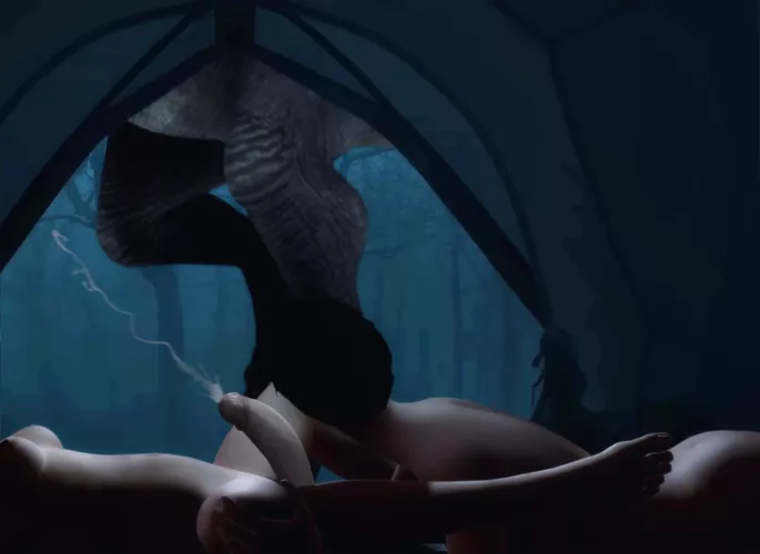 Just as Essie made her futa lover cum, a dinosaur stamped passed their tent. (OC) 