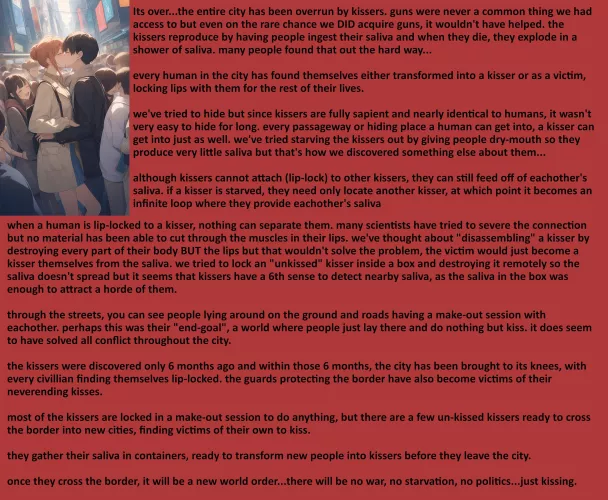 Kissers have finally taken over [Forced Kiss] [Tongue-play] [Narration] [Non-human] [Implied Transformation] [End of world] [AI Art: PixAI]