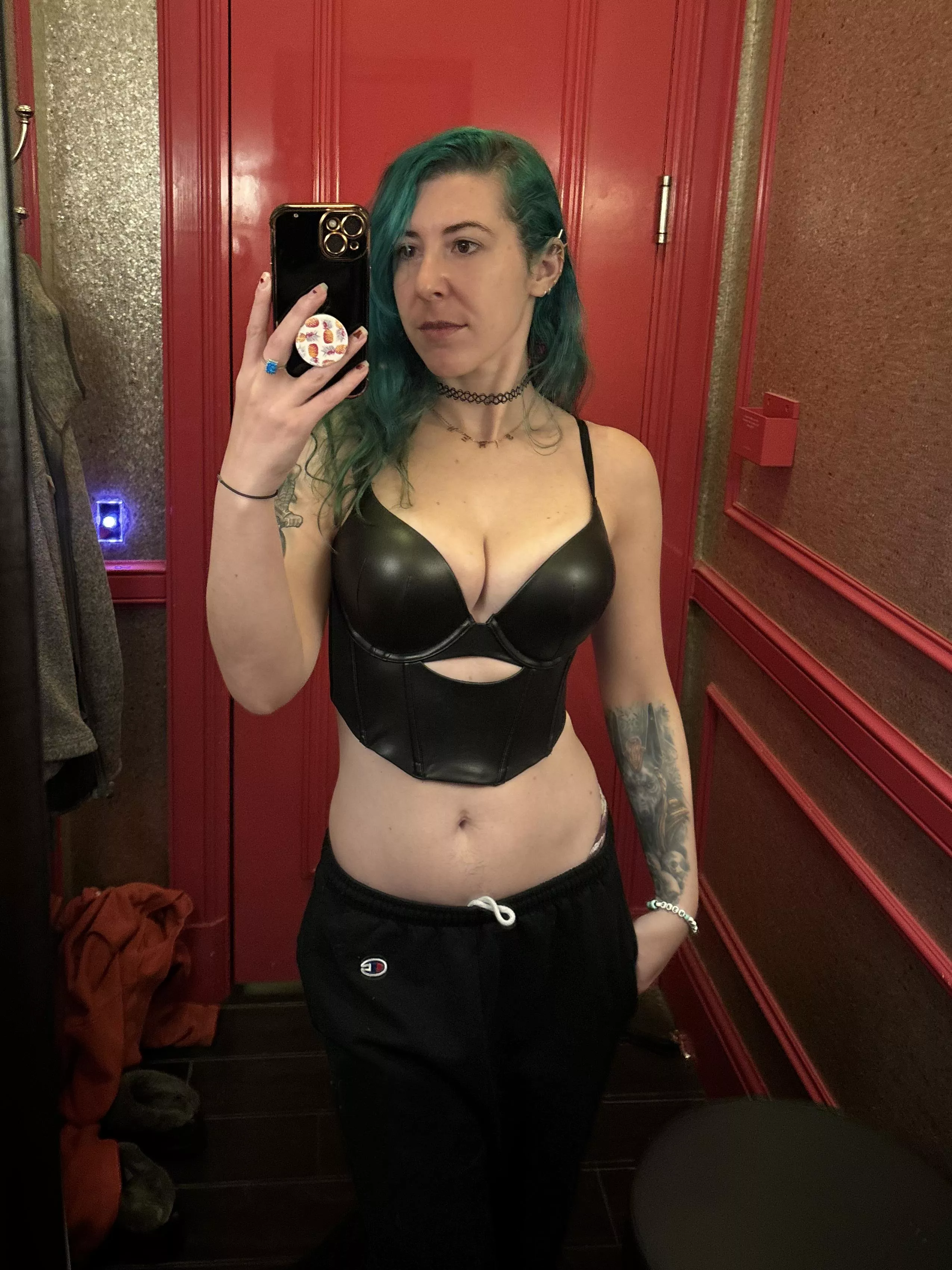 Leather corset cleavage