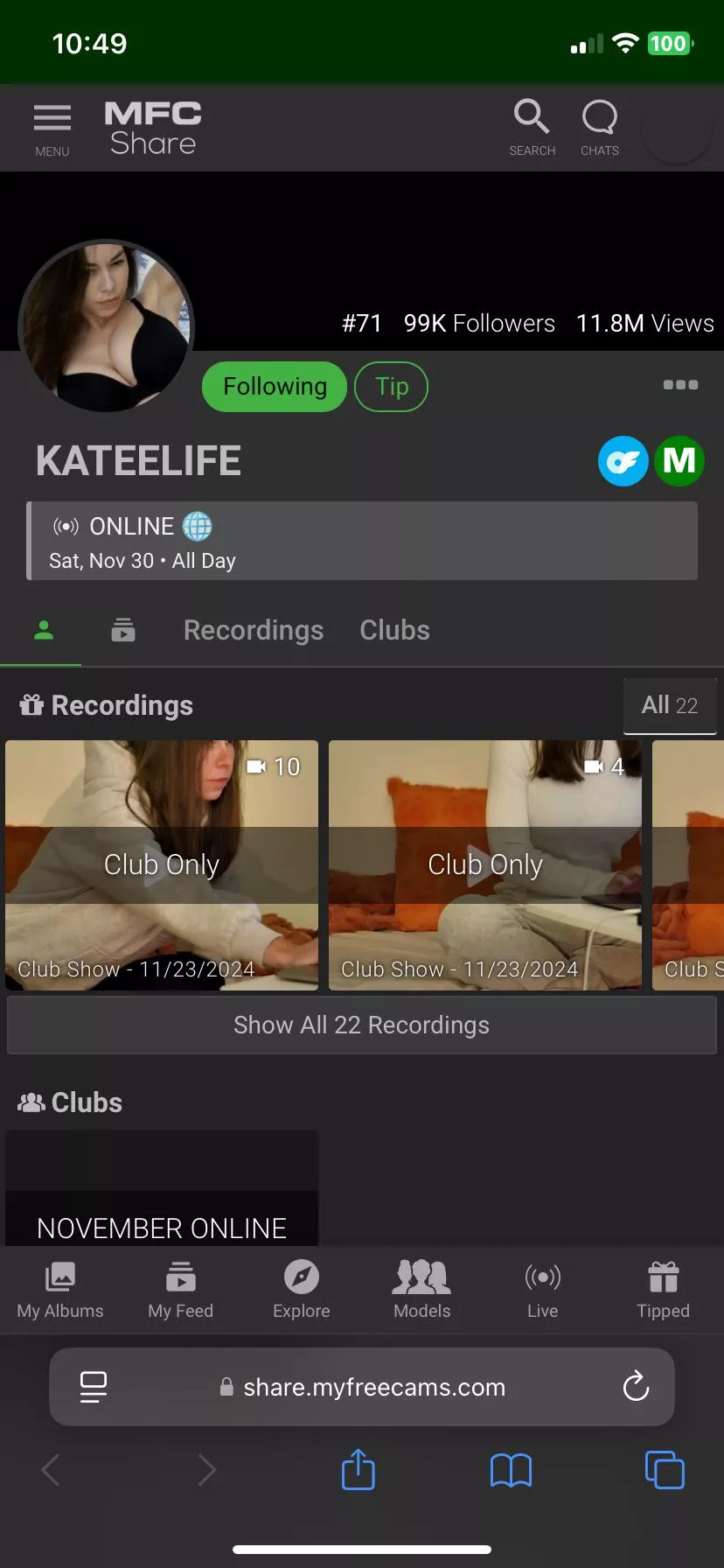 She’s going live at some point today if you’re interested in watching her go to m.myfreecams.com/chats/KATEELIFE