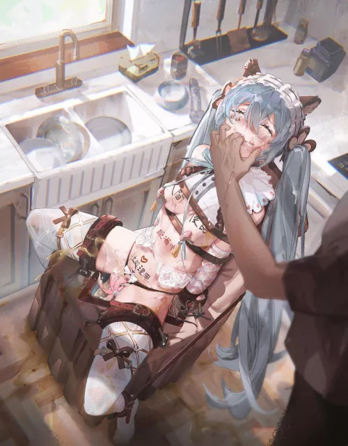 Nasty slut in a nasty kitchen