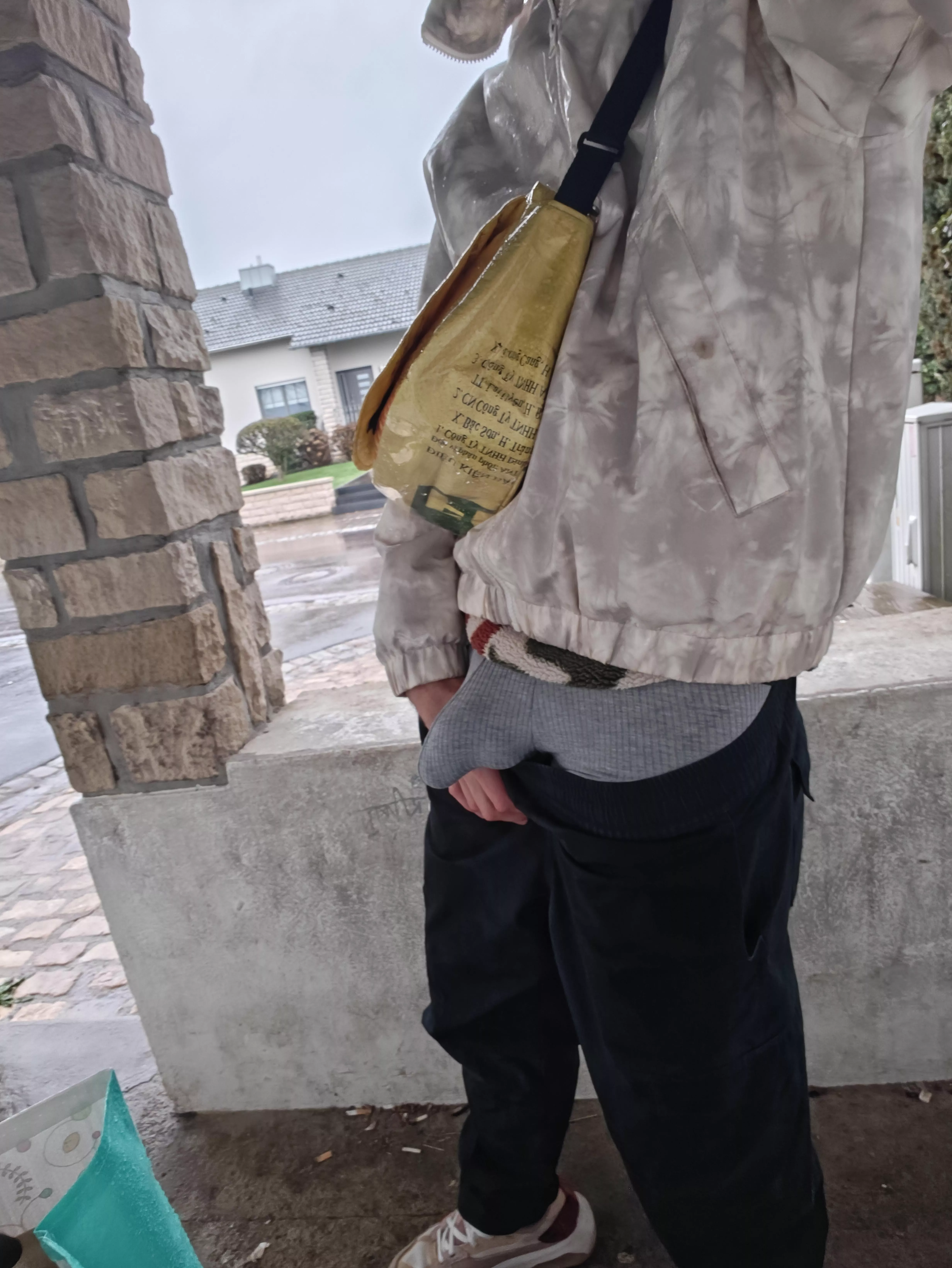 underwaer bulge at the bus stop 