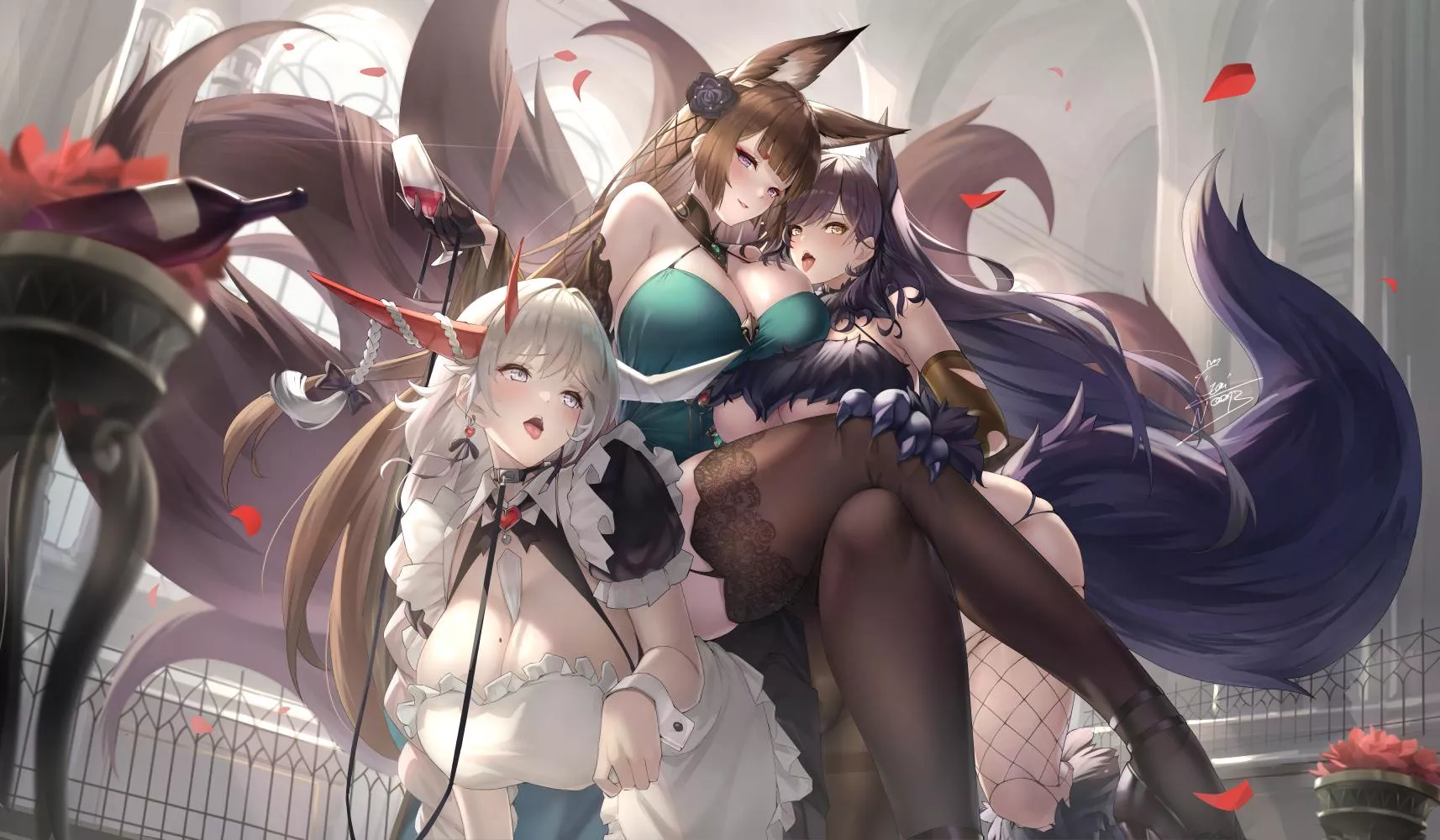 Amagi using Hakuryuu as her throne with Atago as pet
