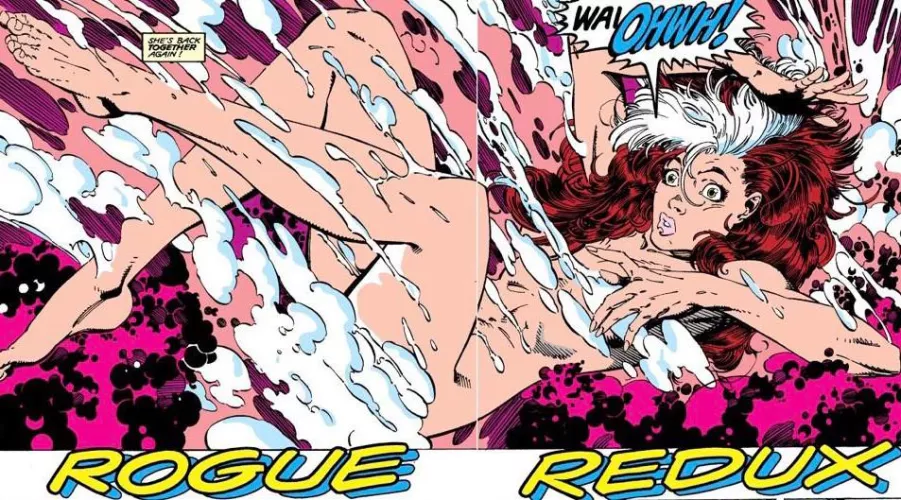 Rouge falling without her uniform [Uncanny X-Men (1990) #269]