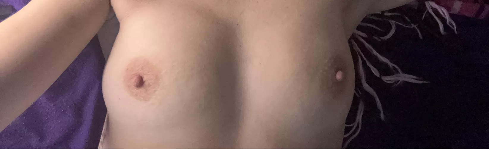 Tell me the first word that comes to mind when you see my boobs