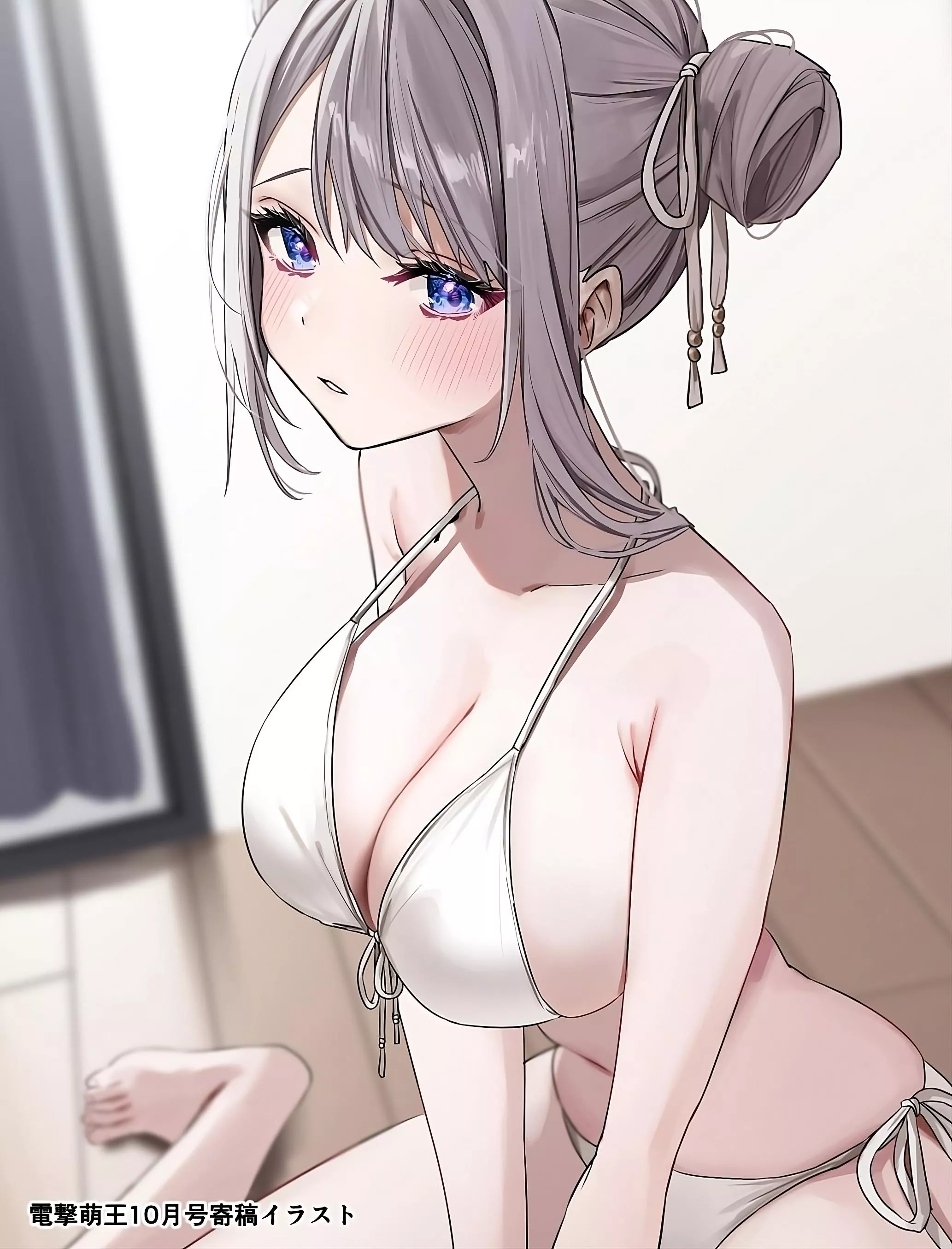 Wearing a white swimsuit indoors