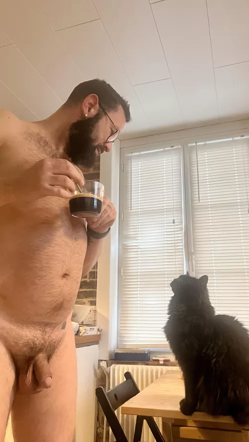 Little morning coffee with my cat who is asking for his cuddles 