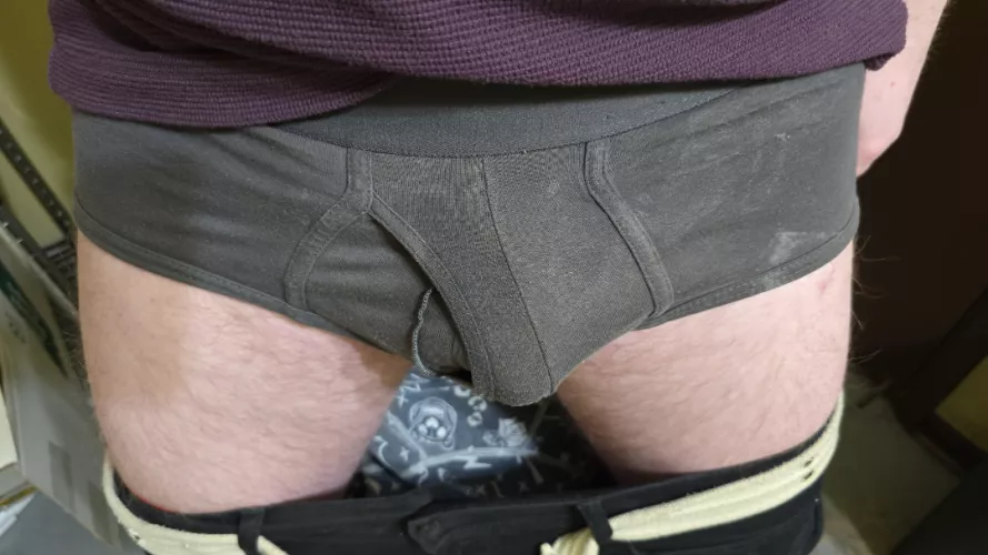 At work wearing some stained briefs. I plan on getting these more stained for sure.