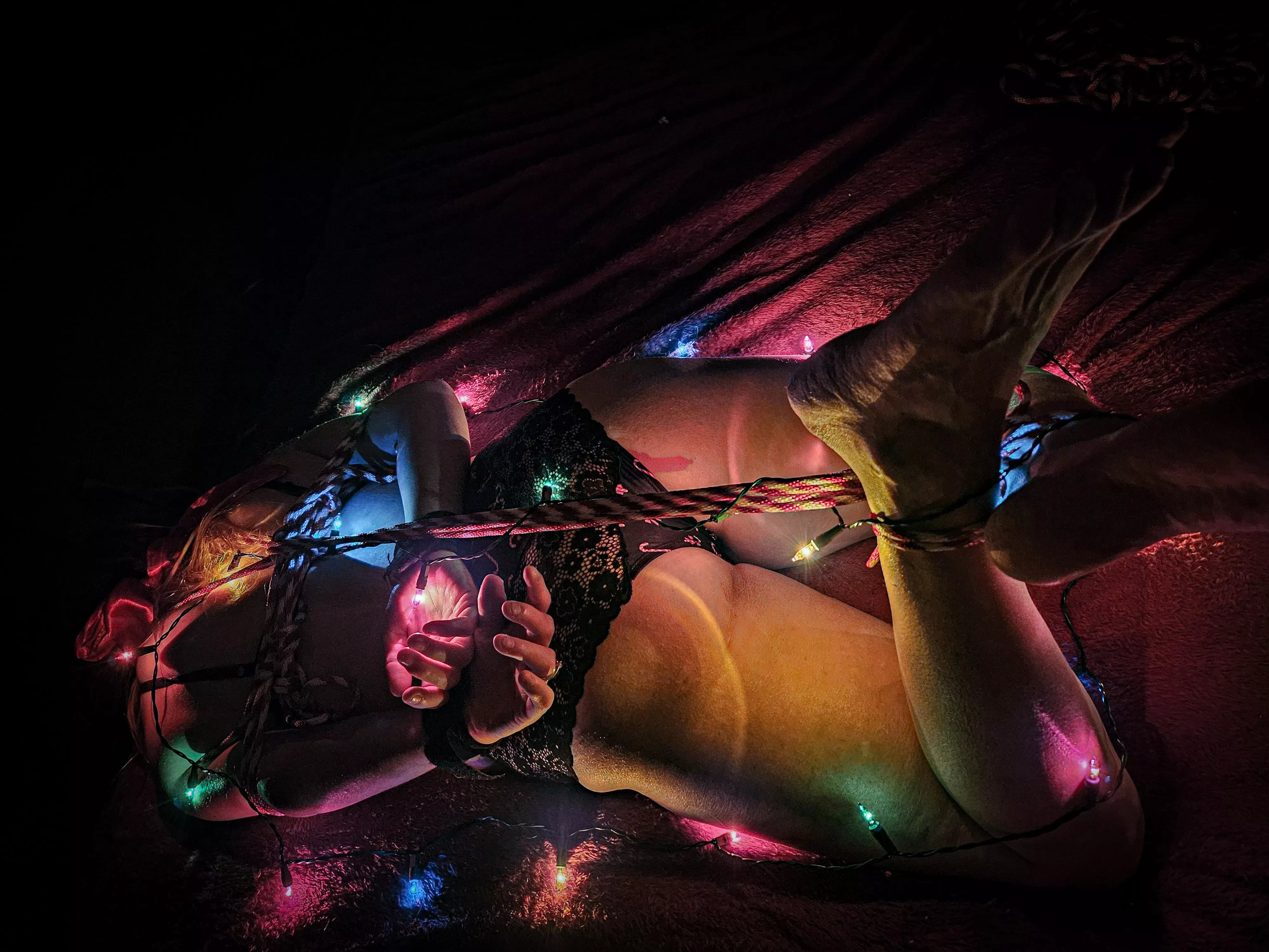 I just loved being teased and denied while hogtied and then allowed to cum. It was so much more sexy with only Christmas lights on! 