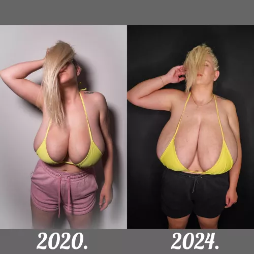 In love with my body and my growth. 🥰 They are hanging below my belly button, can you guess their next destination?! 😈