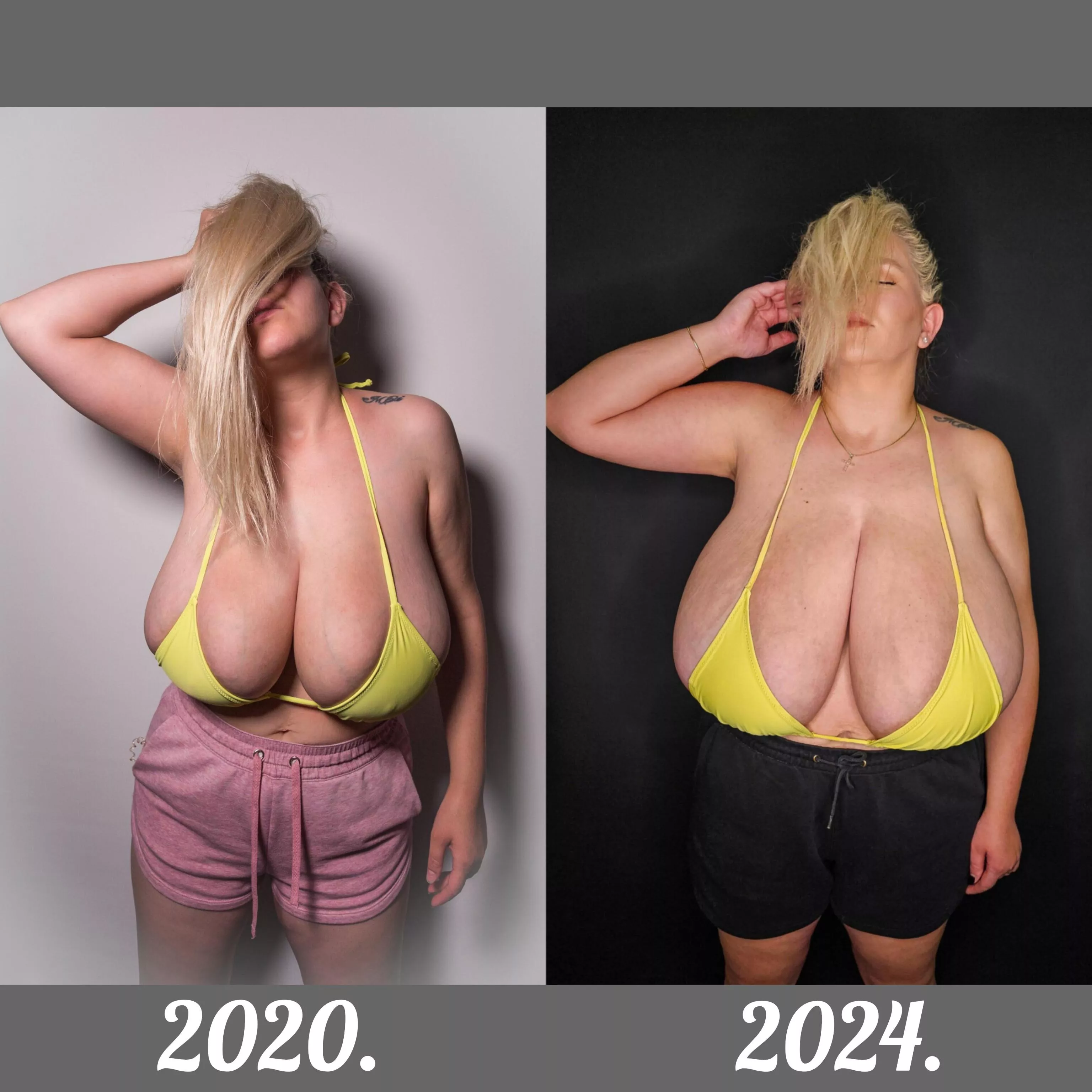 In love with my body and my growth. 🥰 They are hanging below my belly button, can you guess their next destination?! 😈