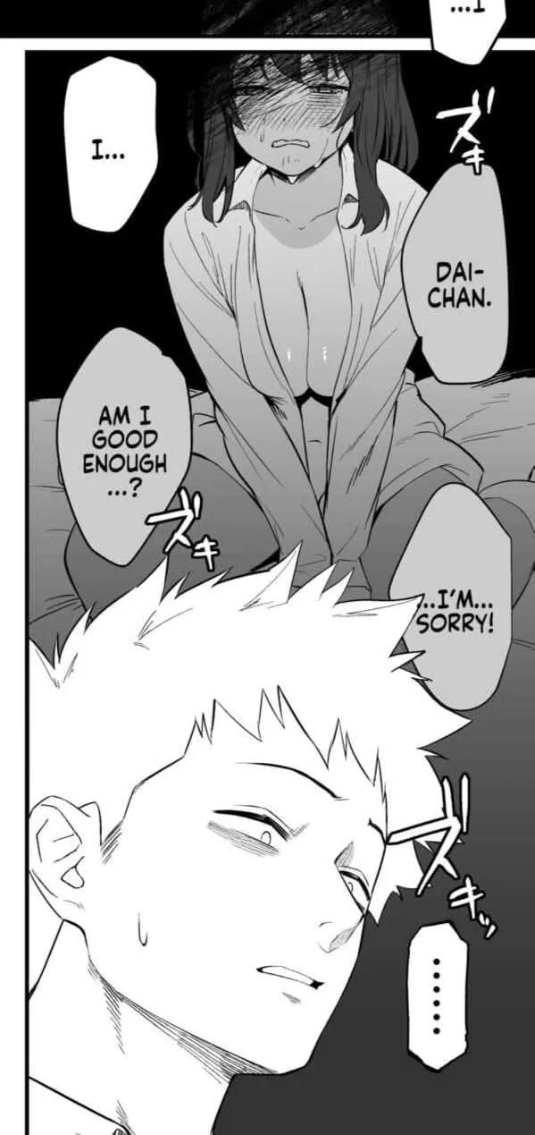 LF Mono Source: 1girl, 1boy, bed, tears, sweat, cleavage, '...I...I Dai-chan. Am I good enough...?...I'm sorry!......'