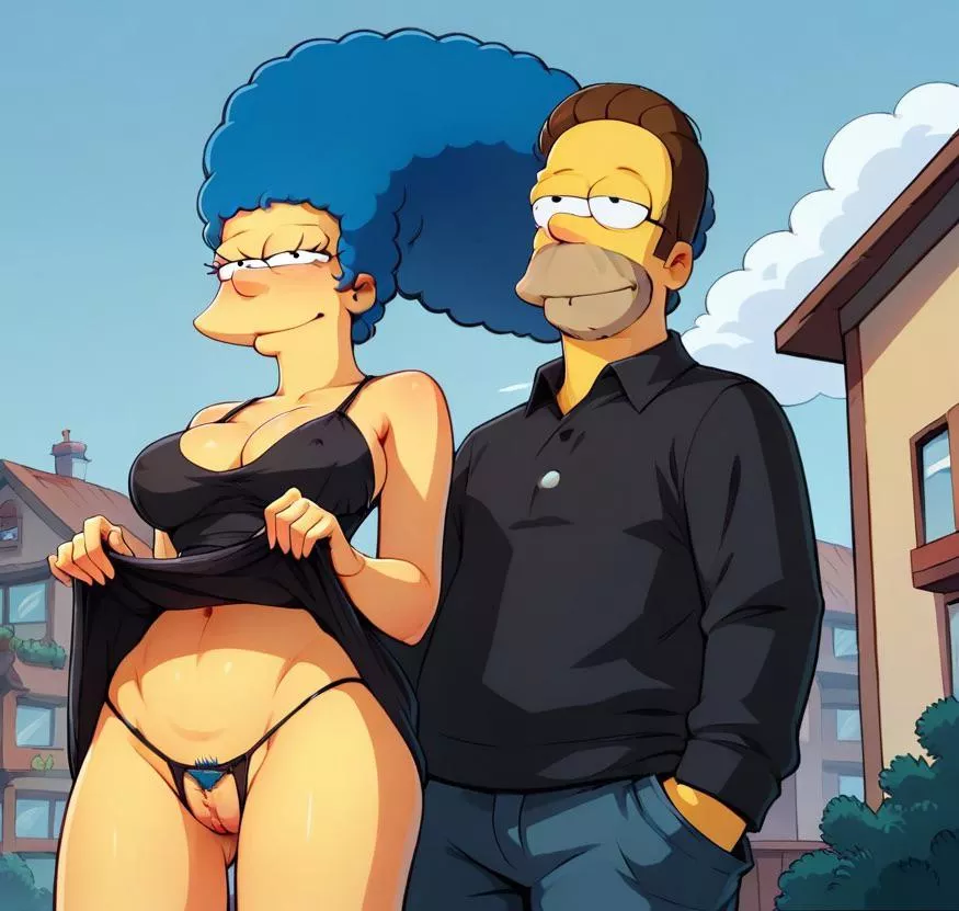 Marge flashing the neighbor while Homer is not looking