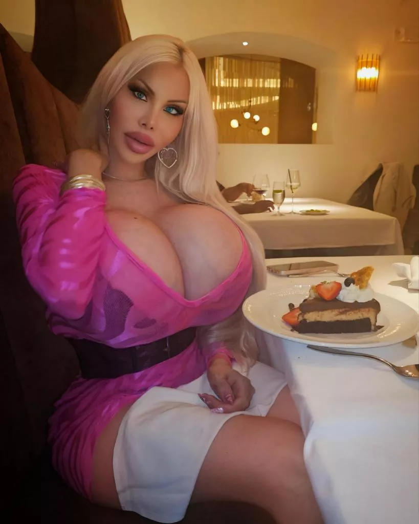 Public Restaurant with your Big Busty Bimbo Bolt-On Date - dessert on the table?