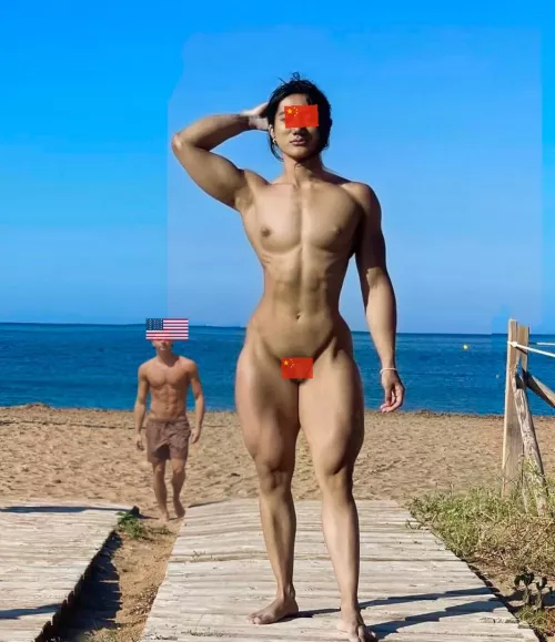 Showing off my shrimp chinese dick in front my white daddy on nudie beach