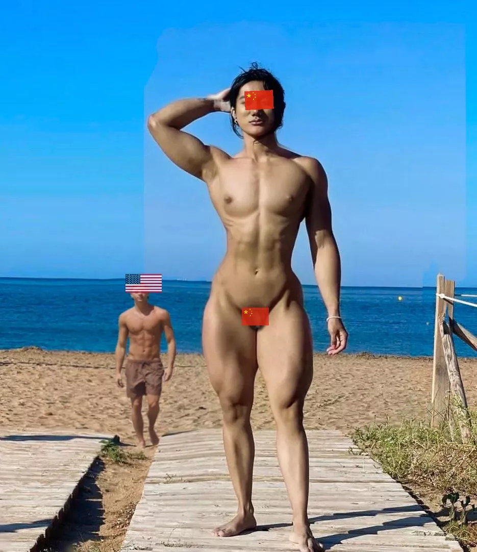 Showing off my shrimp chinese dick in front my white daddy on nudie beach