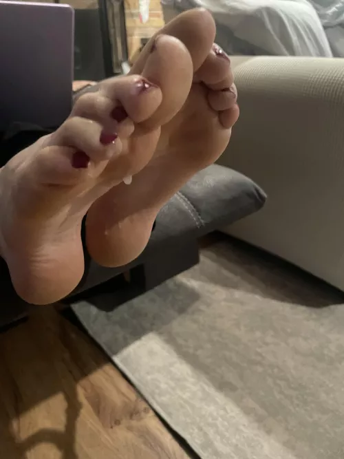 Had him jerk off on my feet while I was in a work meeting. Of course I played with it with my feet a bit as well. Thought you all might enjoy my messy soles 🤭🤭😘