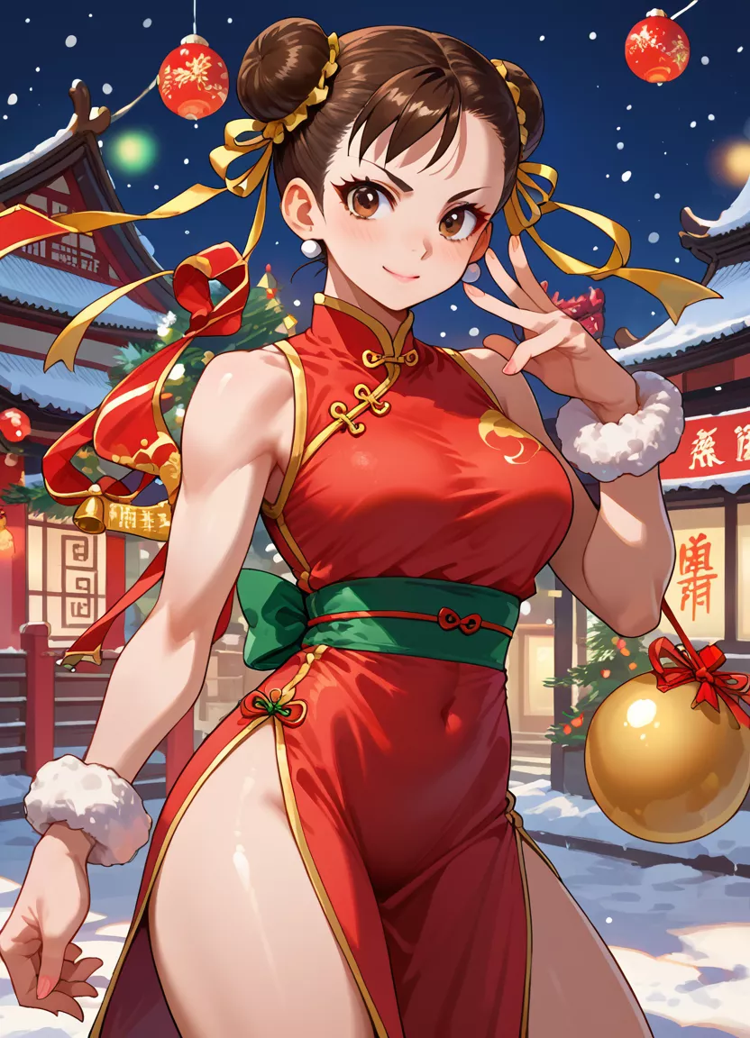 (Waifusmxxx propmtchan ai) Chun Li wears a festive dress to celebrate Christmas.