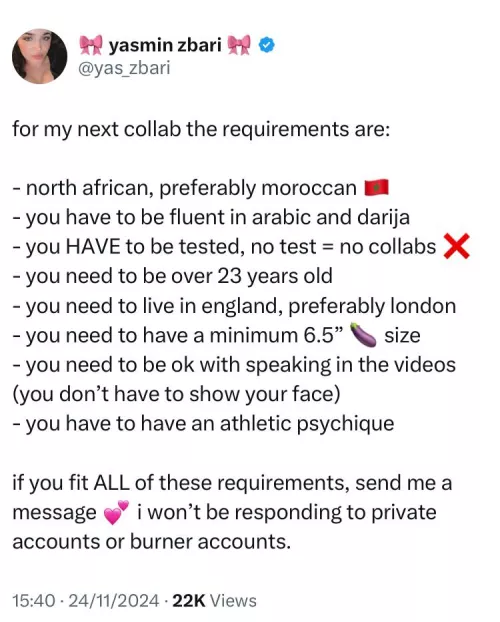 Yasmin’s requirements for her next filming partner 