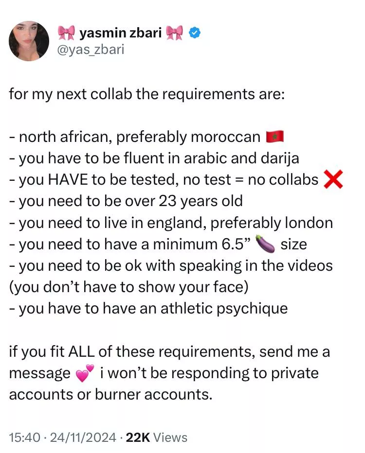 Yasmin’s requirements for her next filming partner 