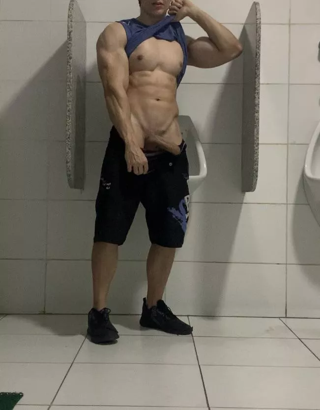 [22] You're swallowing my dick in the middle of the gym bathroom and someone catch us. You keep sucking or run away?