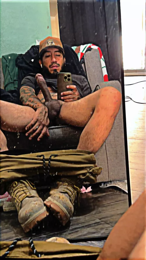 Fresh off work boots still on!! Could not wait to stroke