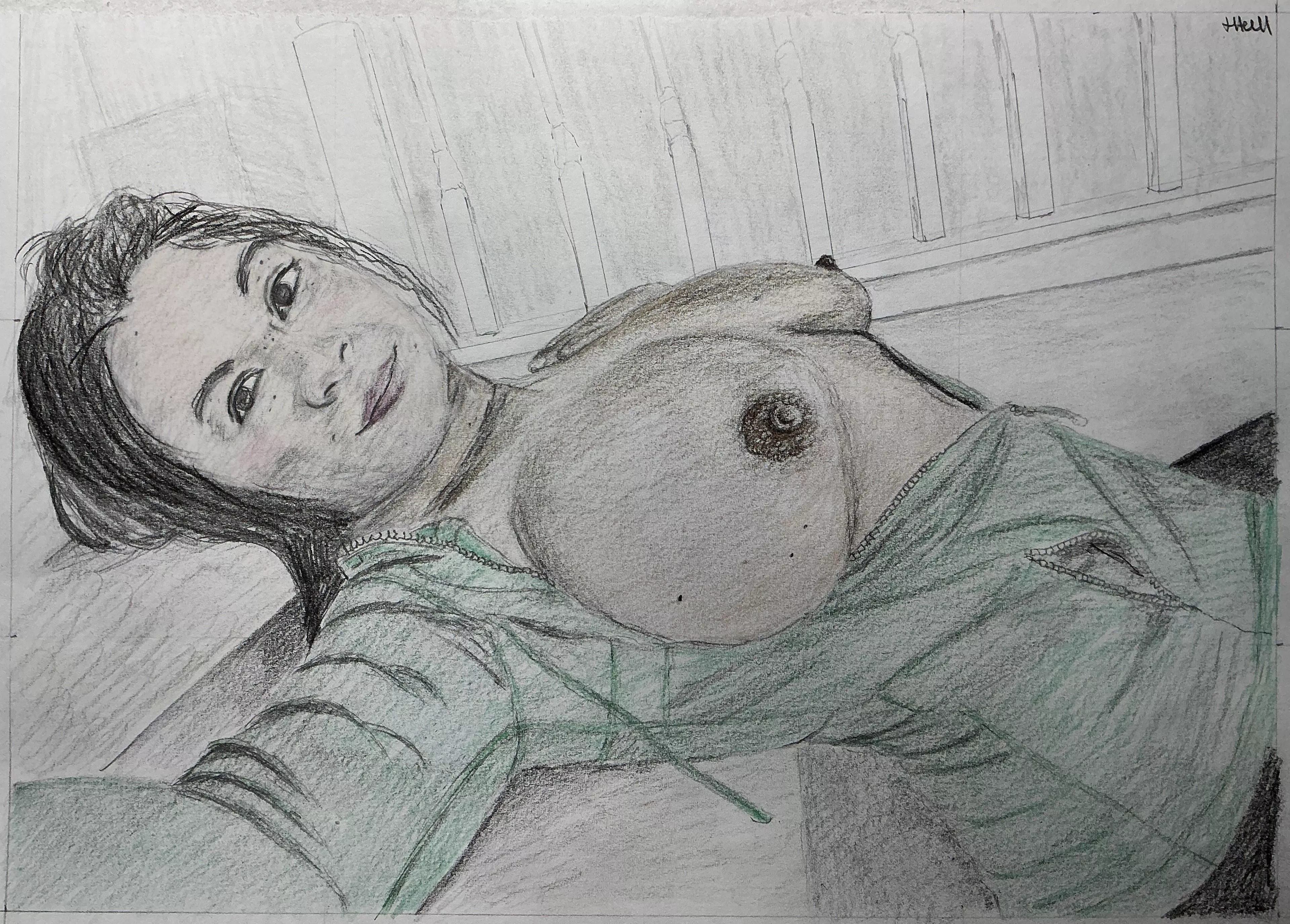Lady on stairs, A4 Pencil by James Hall