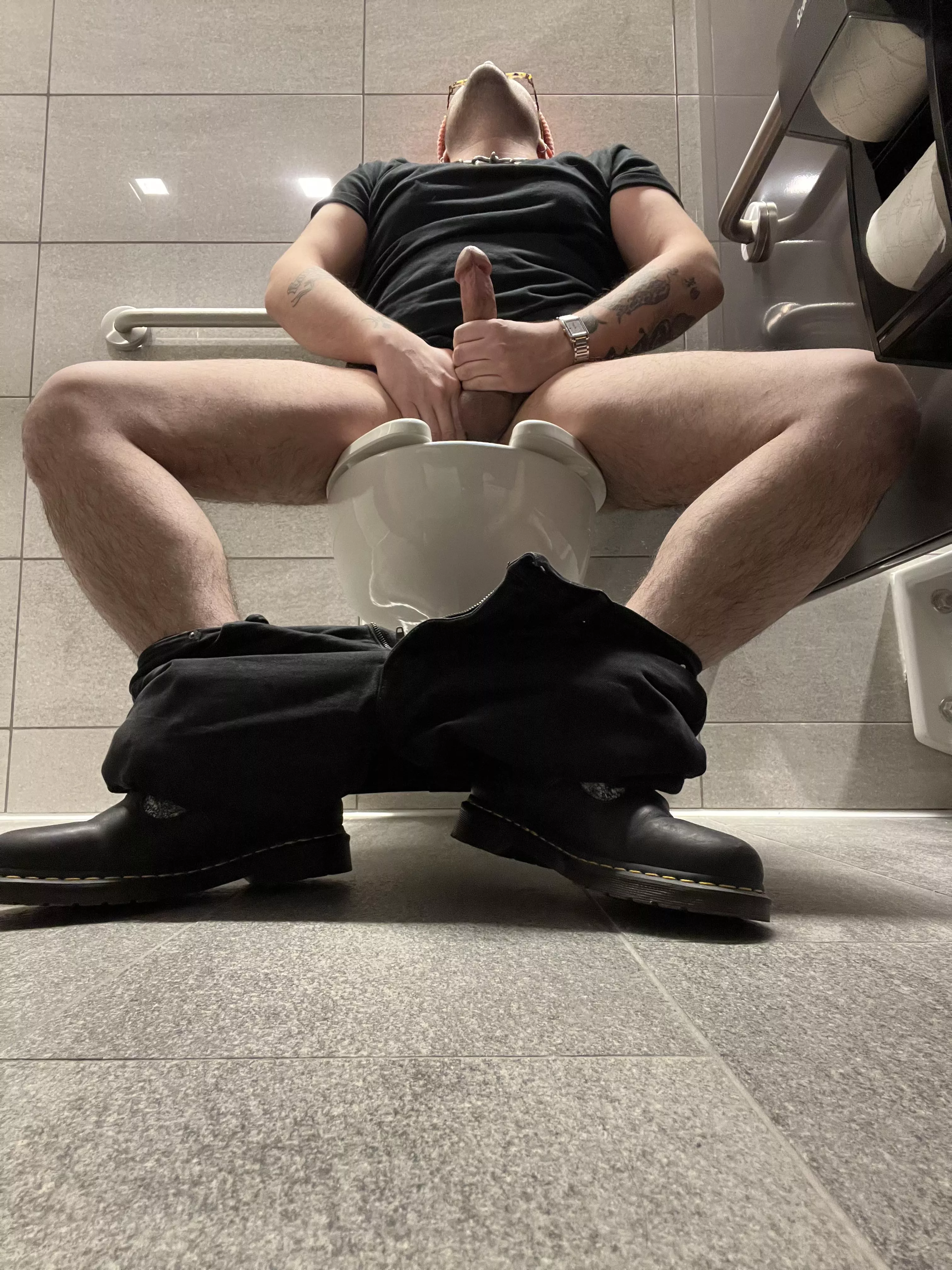 The stall is unlocked, cum watch me stroke 