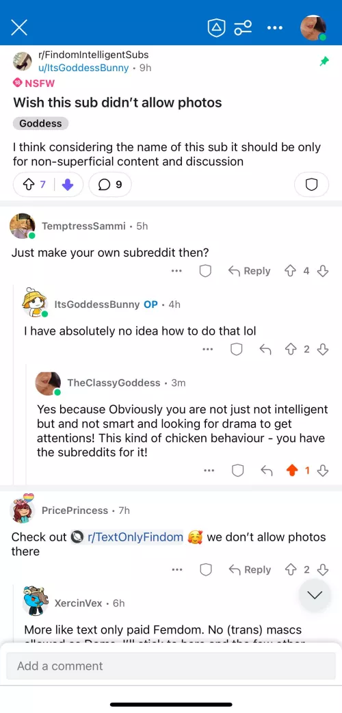 Everyone who try this will be banned as this “Goddess”! The post I left so you can read all the comments! If you have suggestions - do it Proper way! If want less photos - Use The Flairs and post according to the thematic! No chickens here!