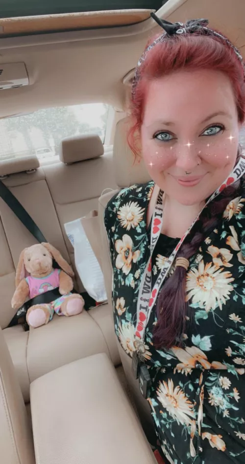 Gotta buckle up the baby in the backseat 💕