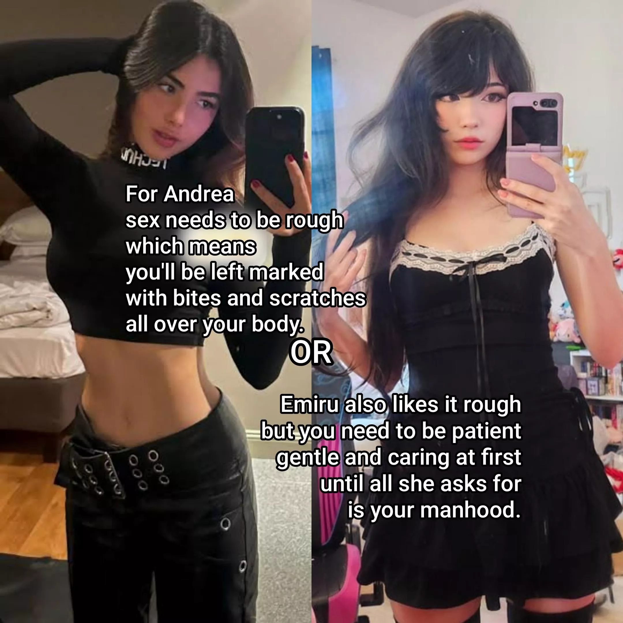 WYR: ANDREA BOTEZ x EMIRU (imagine having there's two at the same time sending you a pic, with captions asking to come over to her place)