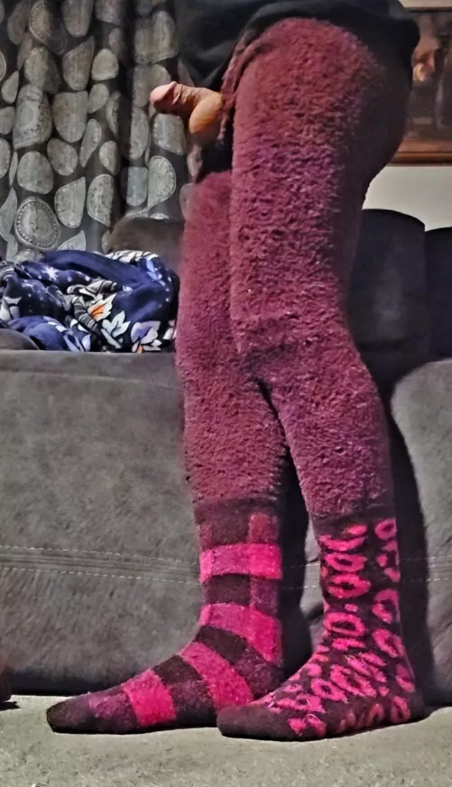 Fluffy socks, leggings and a teeny bit of cock