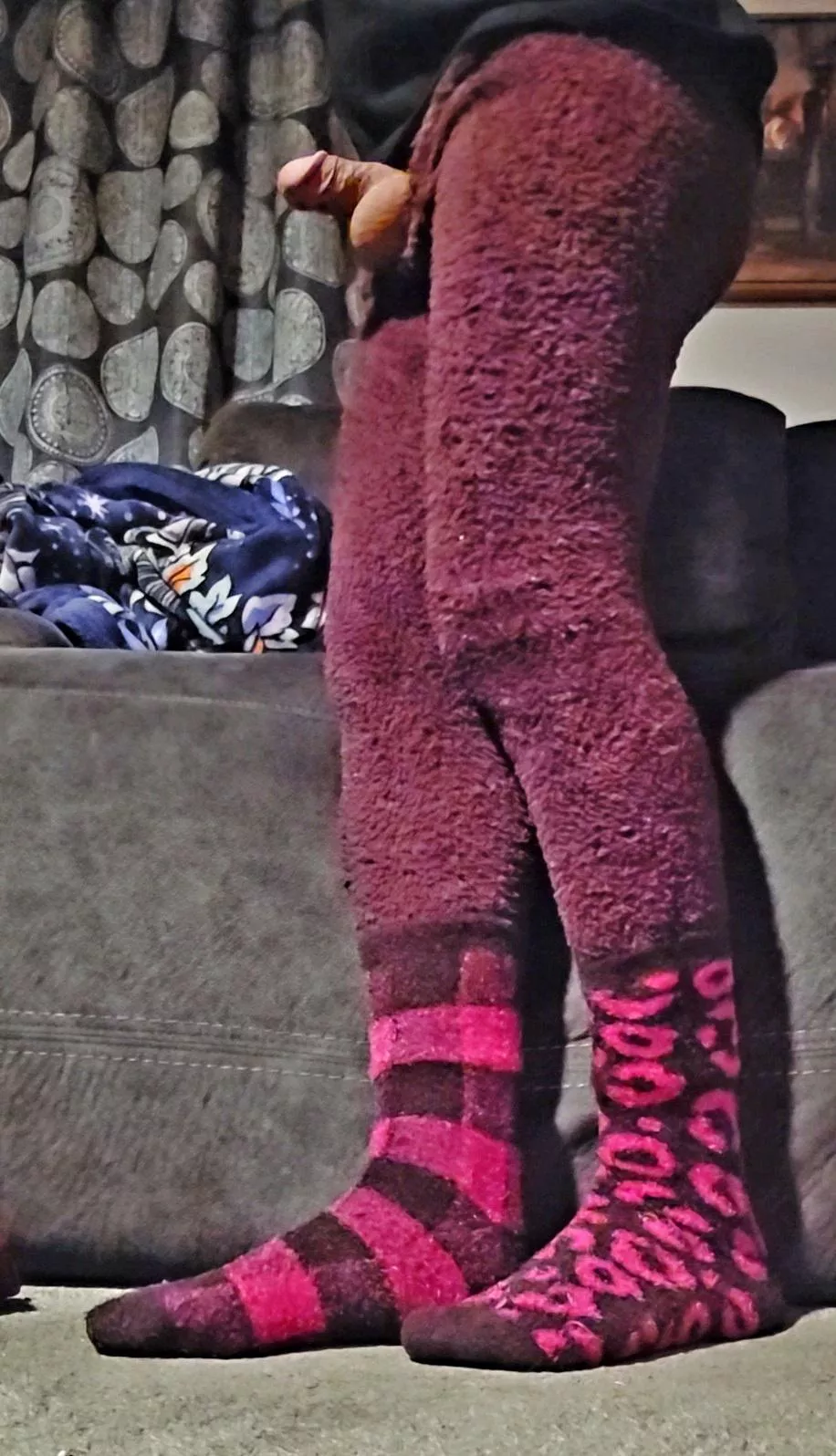 Fluffy socks, leggings and a teeny bit of cock