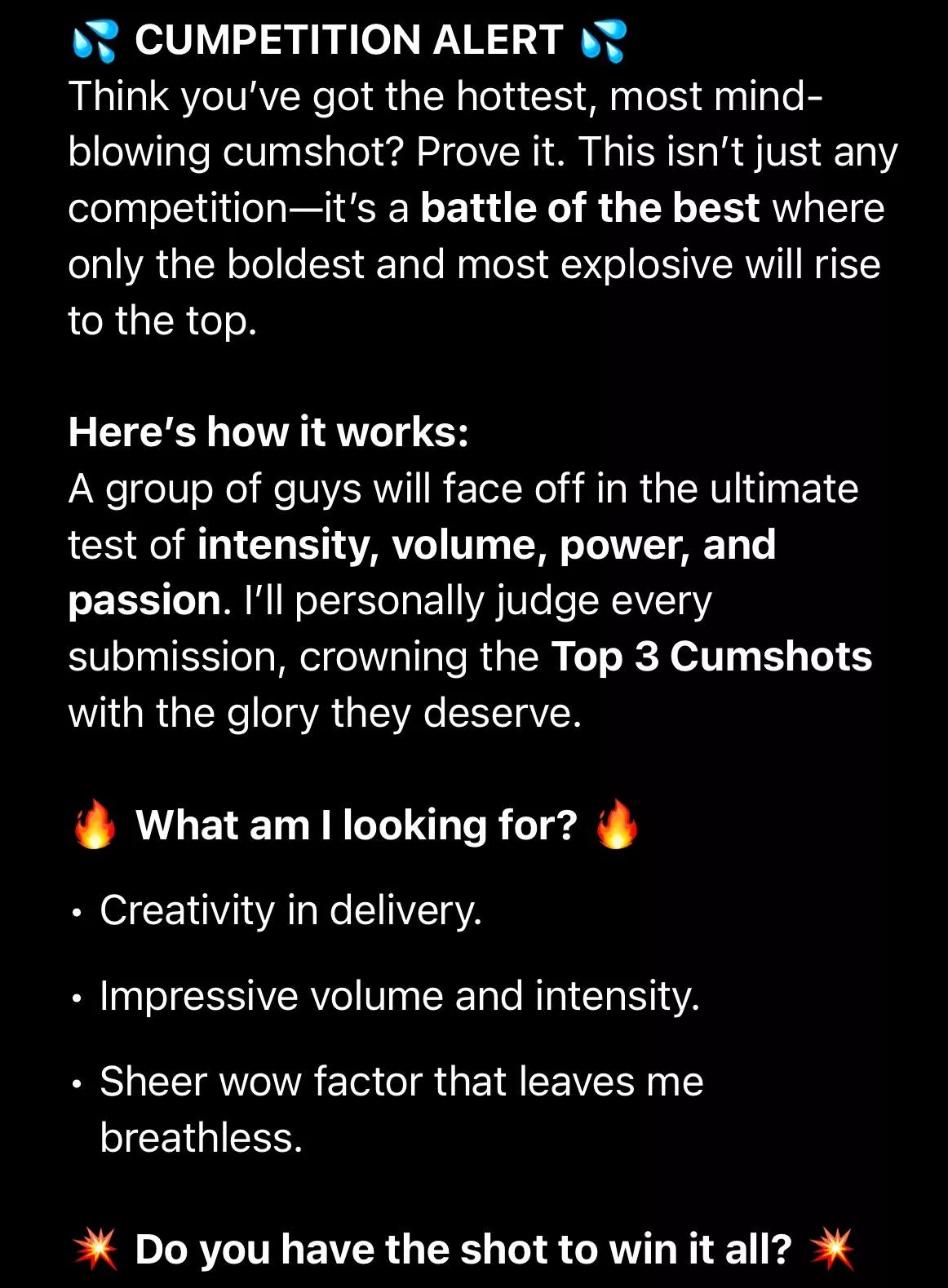 For everyone that loves competing, you may sign up for the CUMpetition!!! DM-s are open and places are limited.