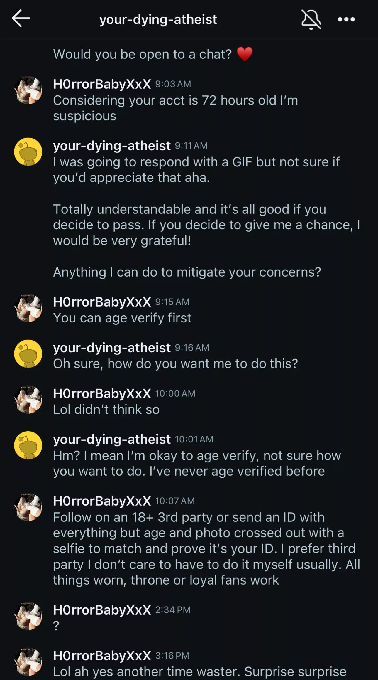 Your-dying-atheist refuses to verify / time waster 