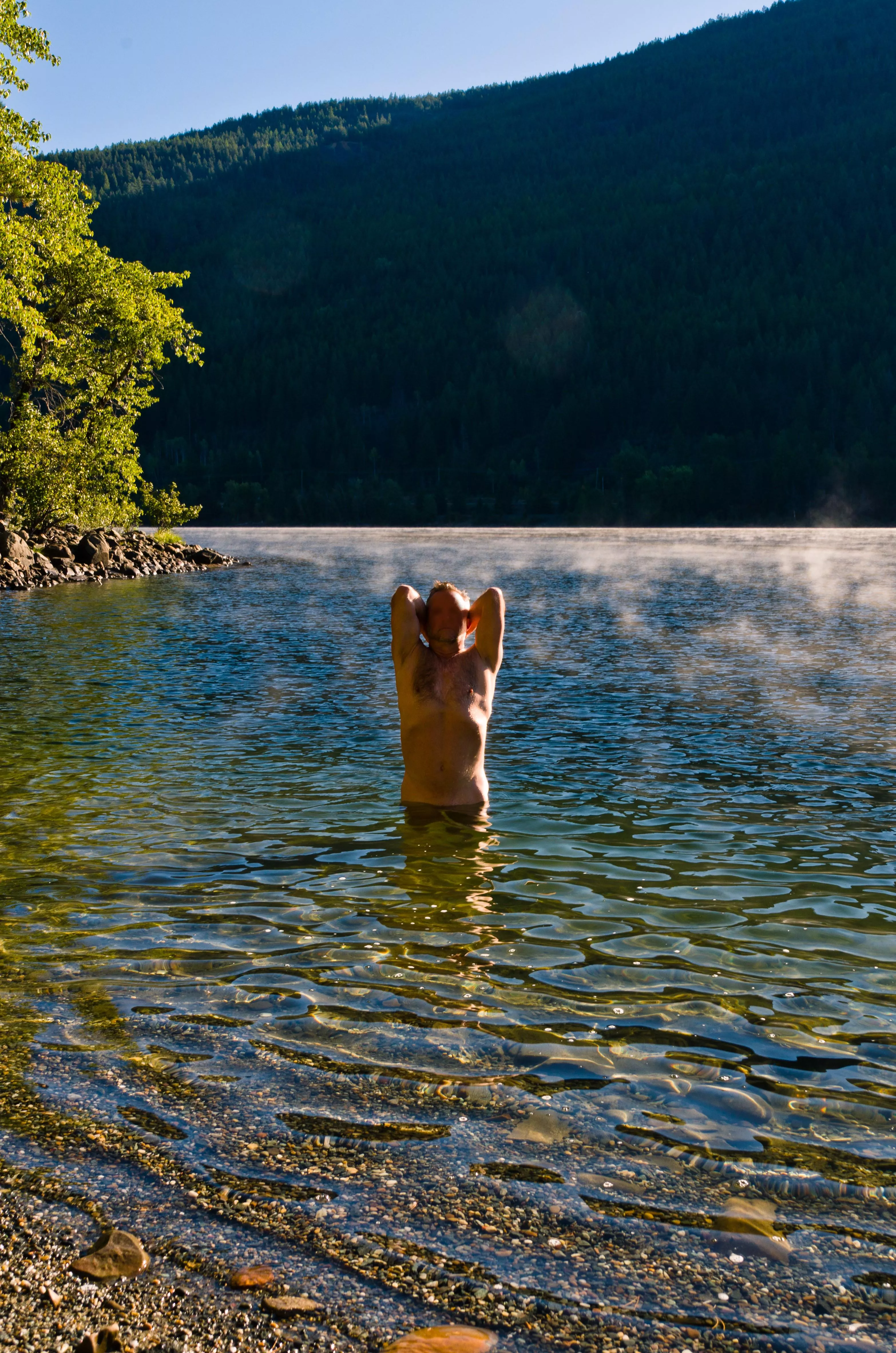 a chilly autumn morning dip