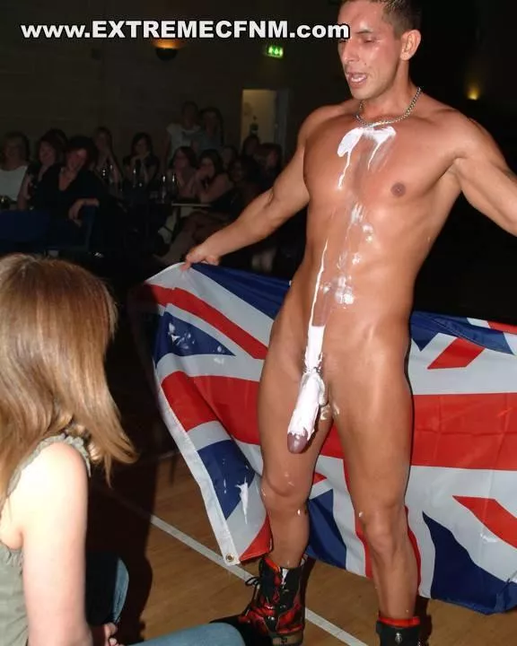 (Picture from warm-up show) Paul showing off his big cock covered in lotion.