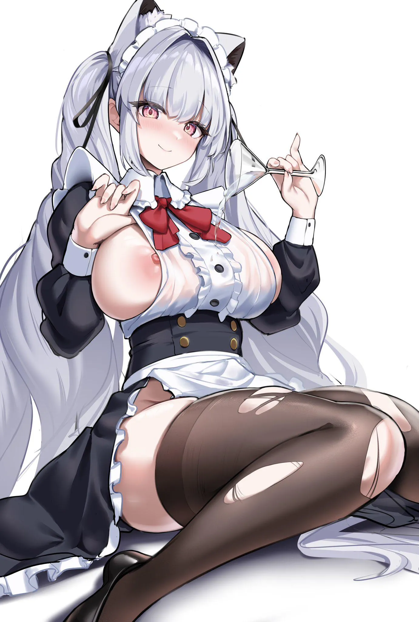 Maid pouring water on herself