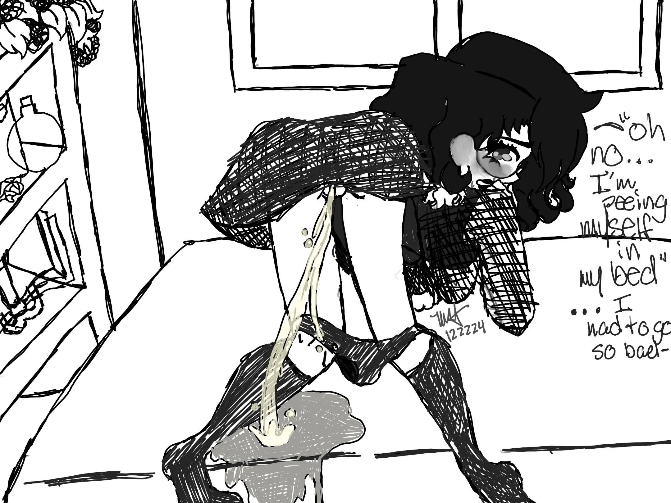 My oc, solstice, pees her bed 