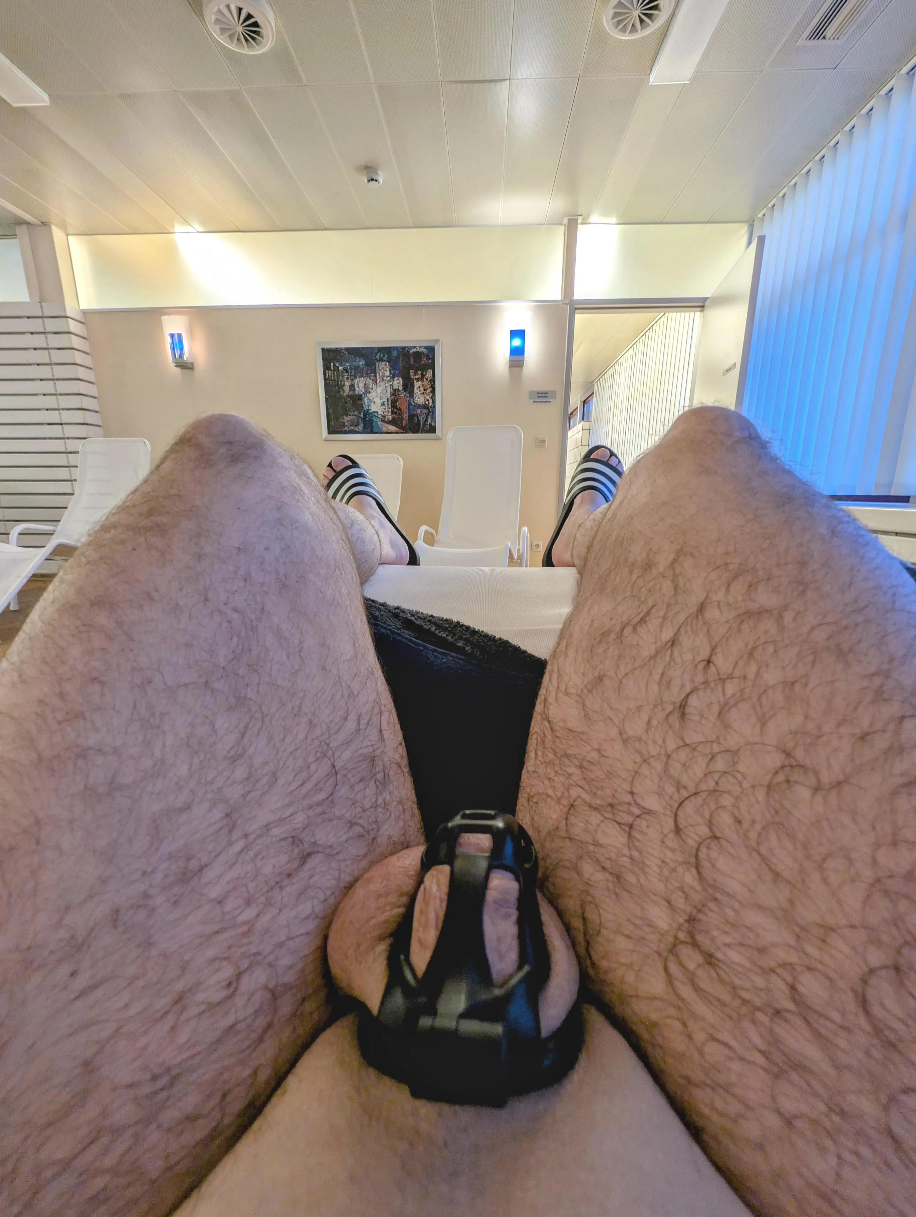 In the relaxation room of the sauna.