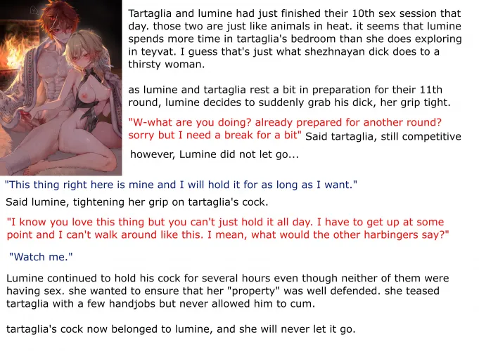 Lumine is holding on... [Genshin Impact] [Lumine] [Tartaglia] [Hetero] [Handjob] [Dick-Holding] [After Sex] [Short Story]