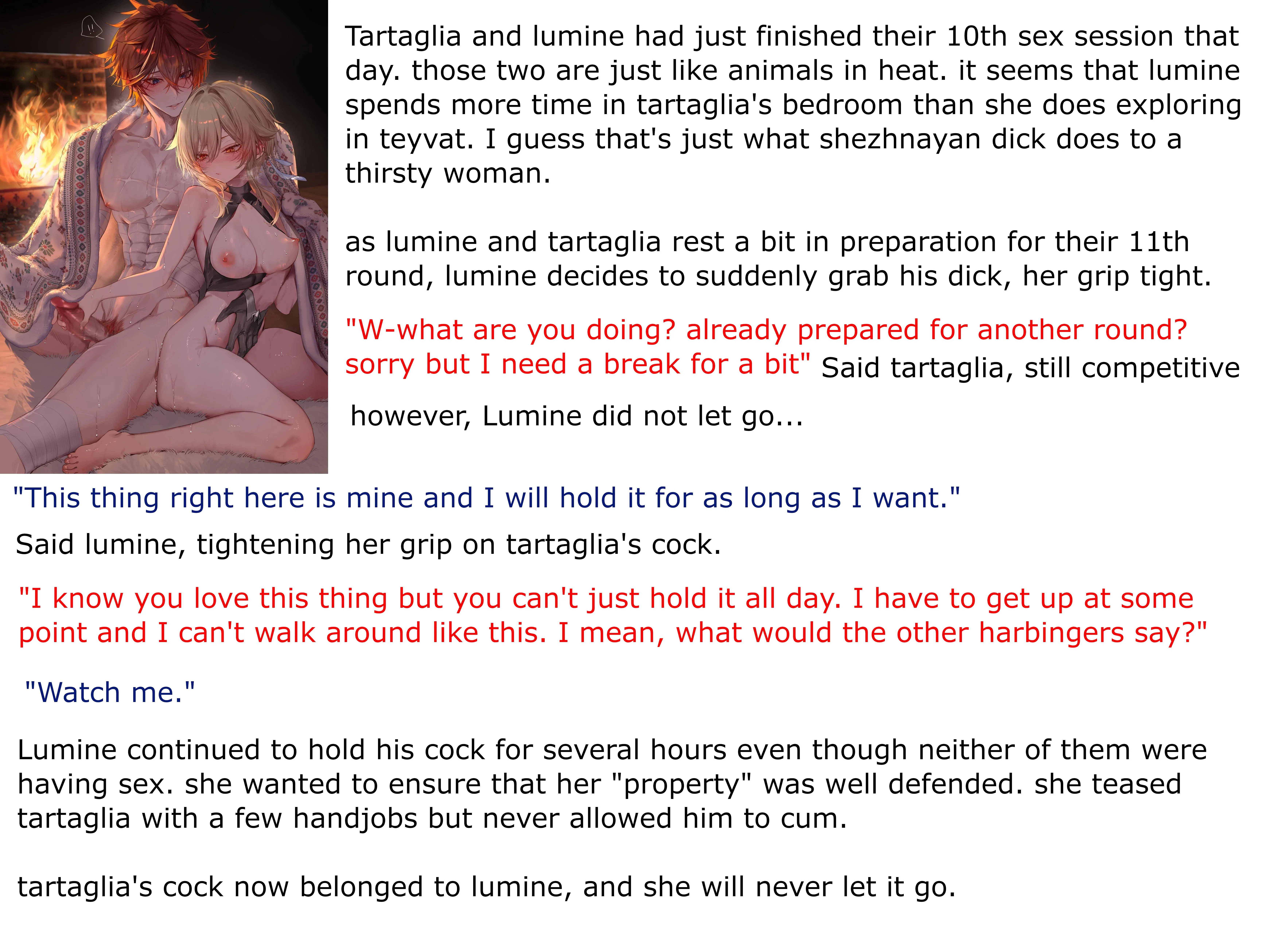 Lumine is holding on... [Genshin Impact] [Lumine] [Tartaglia] [Hetero] [Handjob] [Dick-Holding] [After Sex] [Short Story]