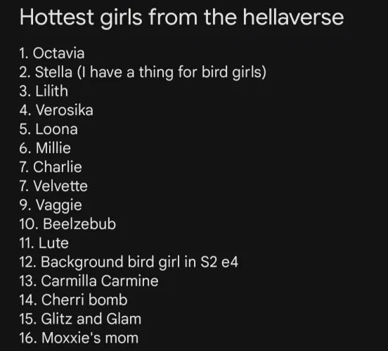 My list for hottest female hellaverse characters