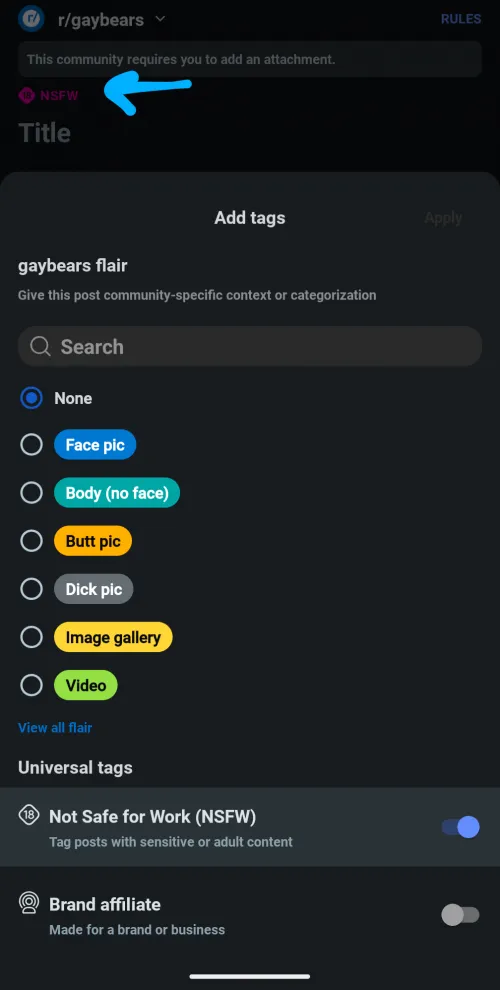 Android app users: Tap NSFW to select post flairs