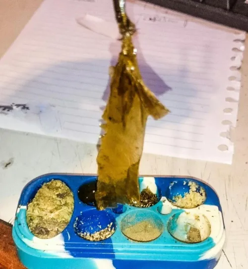 Extrações caseiras, tem kief, ice, shatter, crumble, BHO. Na parte maior do silicone é flor apertada pra caber. kkkk
