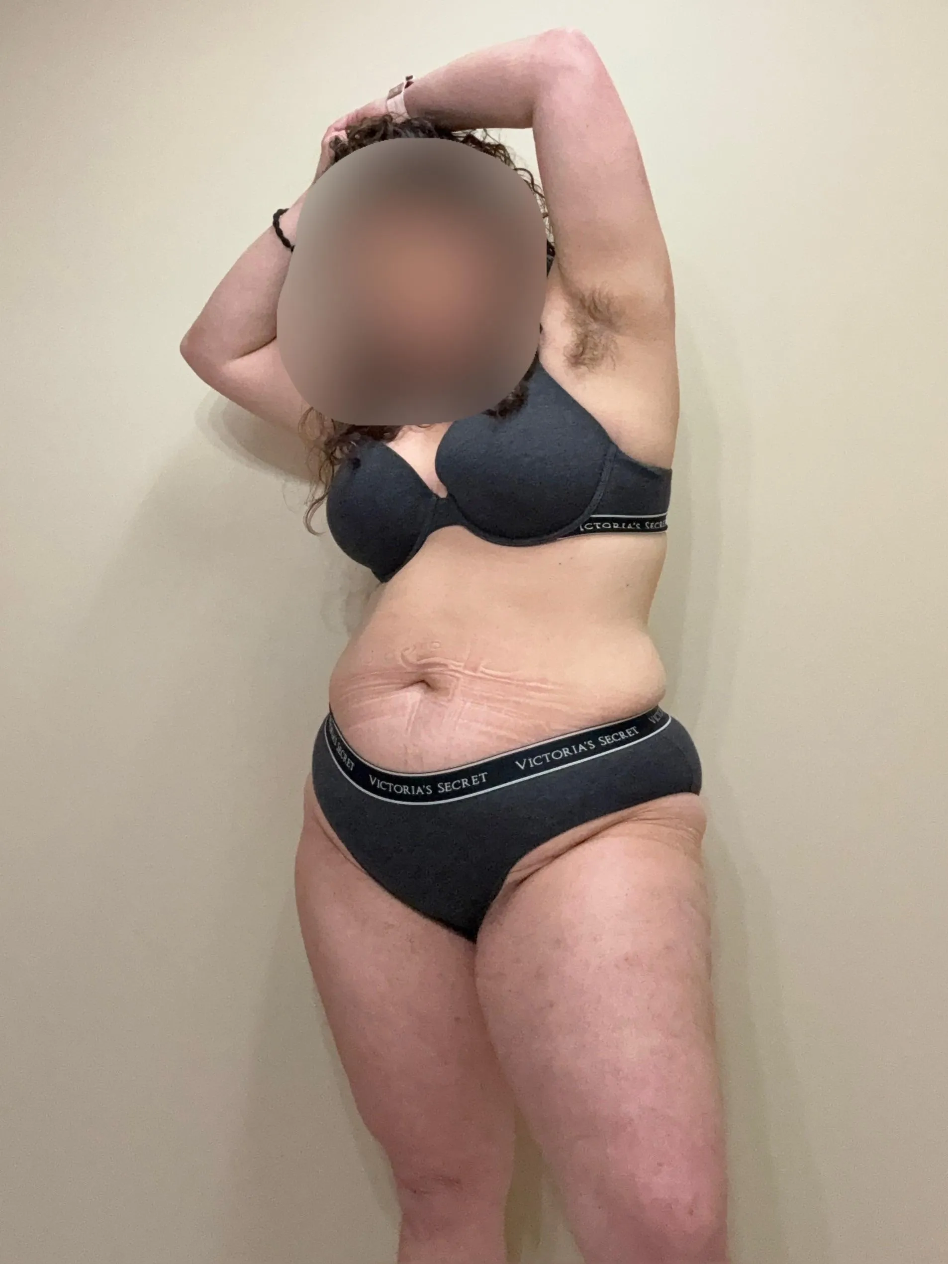 Hairy legs, happy trail, and pits.