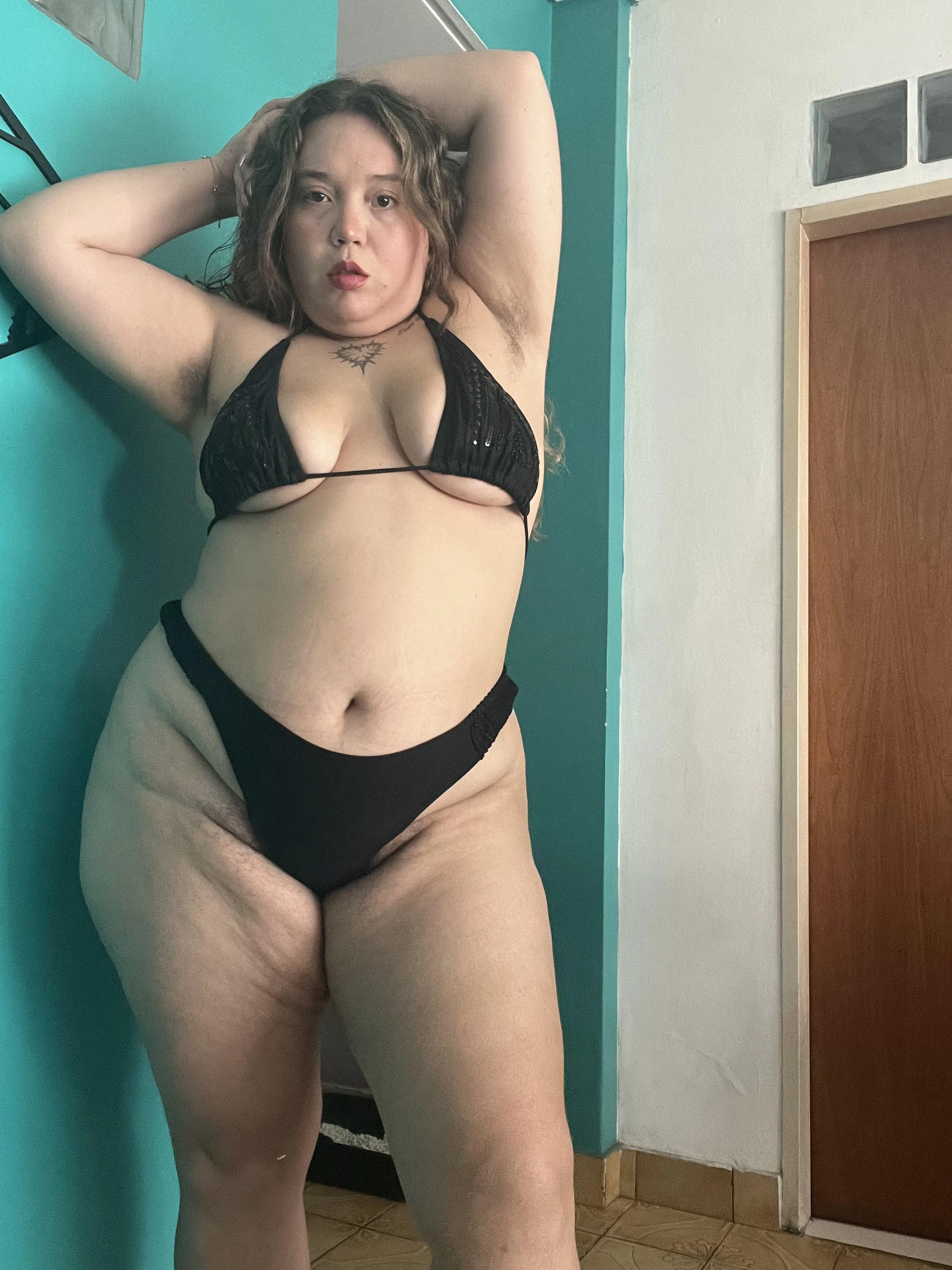 Latina bbw and hairy with curves, rolls, cellulite and stretch marks. Natural body is more delicious