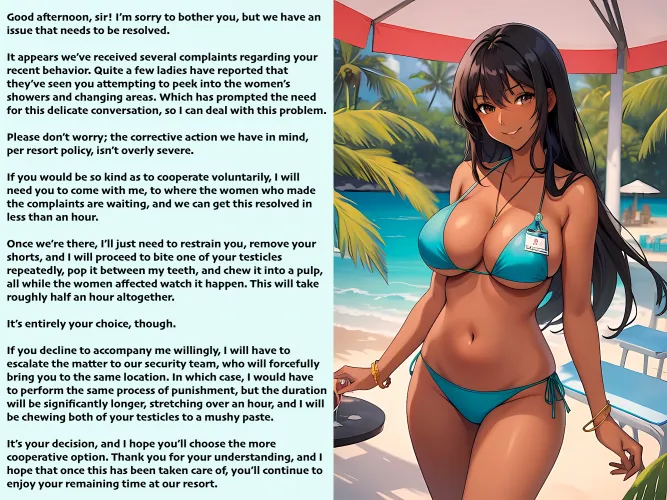A resort employee needs to resolve an issue [AI Image] (punishment81 on ImageFap)