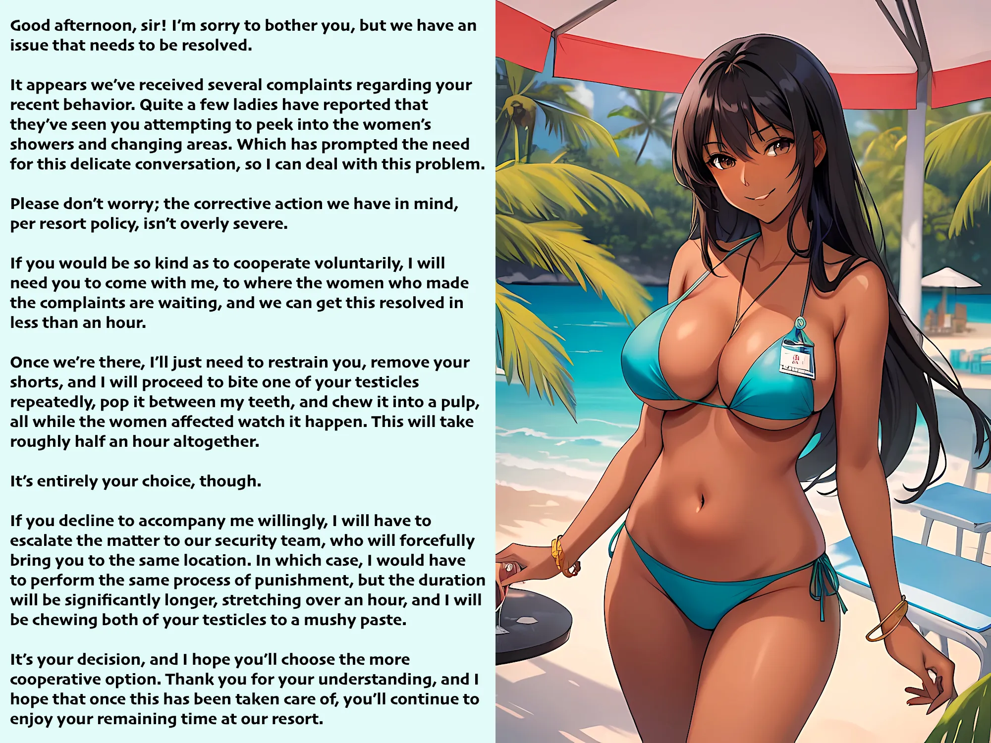 A resort employee needs to resolve an issue [AI Image] (punishment81 on ImageFap)